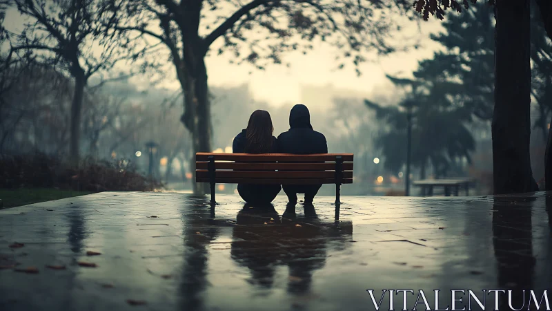 Two figures seated on bench in park during rain.