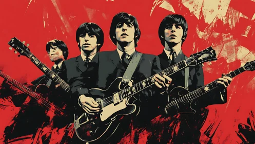 Graphic rock quartet portrait in bold red high-contrast palette.