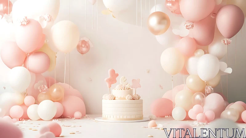 Elegant Pink and White Cake with Balloon Celebration Setup