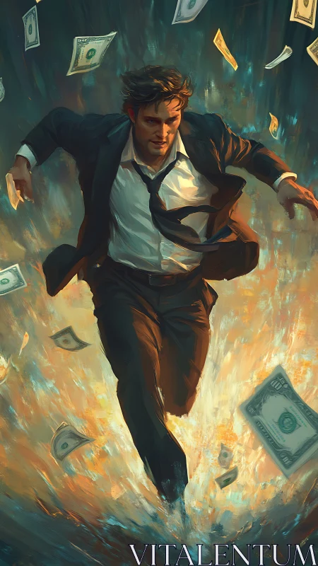 Corporate sprinter bursts through flames and flying dollars.