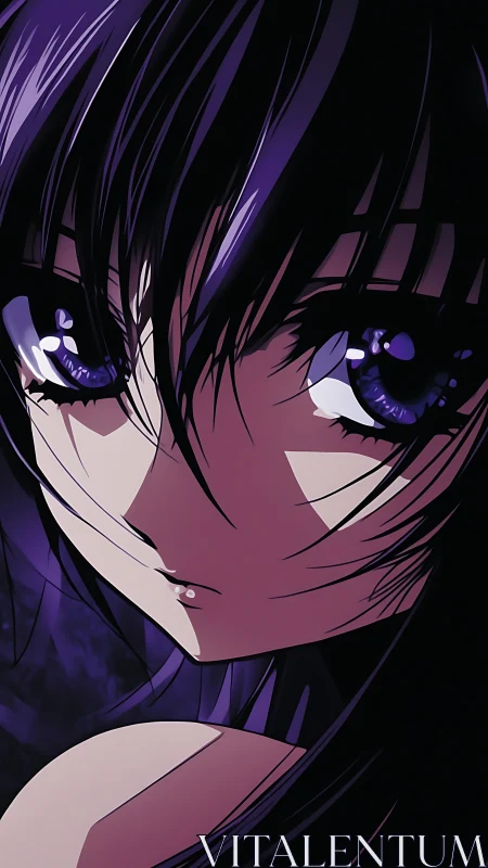 Moody close up of dark haired anime girl at night.