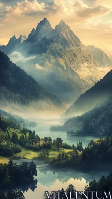 Sunlit mist rolls through majestic mountain valley lakes