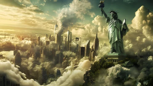 Liberty strides through cloud-swept Manhattan’s dream skyline