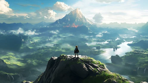 Solitary figure on cliff overlooking vast fantasy valley.