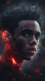 Luminous ember warrior gazes ahead through ash and smoke