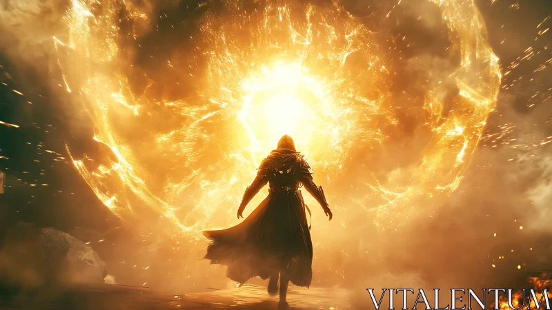 Hooded wanderer steps into a blazing portal of golden light.