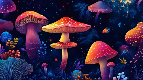 Luminous bioluminescent mushrooms in nebula-like night forest