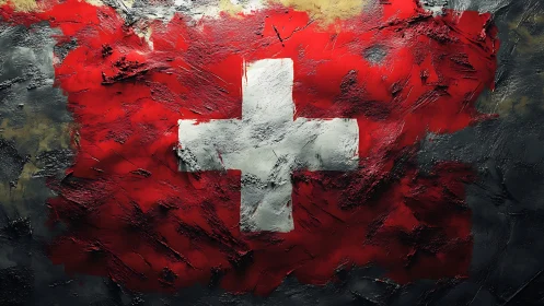 Rugged Swiss cross roaring from storm-brushed crimson paint.