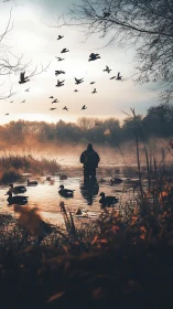 Backlit waterfowl observer in misty dawn wetland shallows