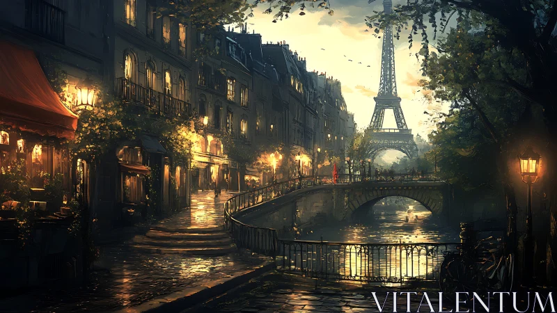 Golden Paris evening by the river with the glowing Eiffel Tower.