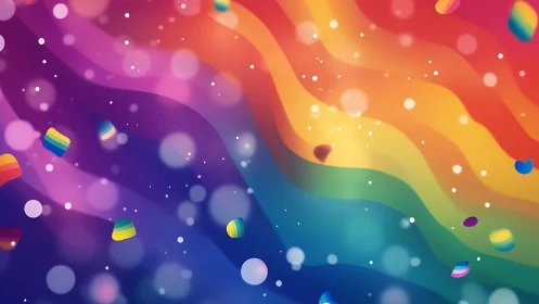 Joyful rainbow waves dance across a bright confetti sky