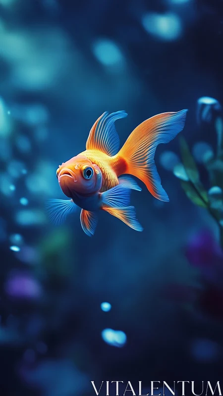 Gentle goldfish glides through dreamy, glowing blue water