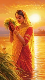 Indian woman in yellow saree praying at river during sunset.