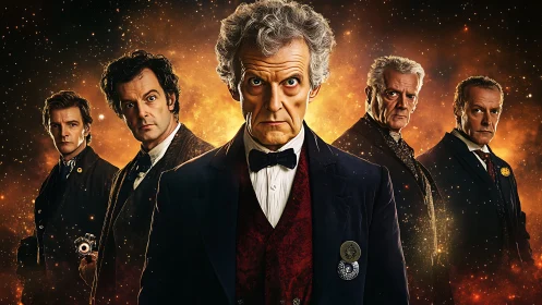 Five stern men stand before glowing cosmic nebula backdrop