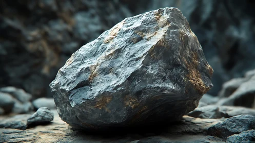Weathered igneous boulder on rocky ground, shallow depth of field