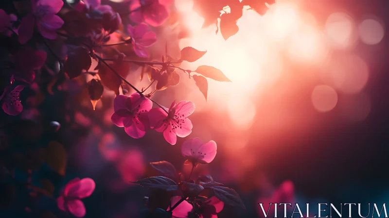 Backlit Flowering Branches with Warm Atmospheric Light and Bokeh Gradient