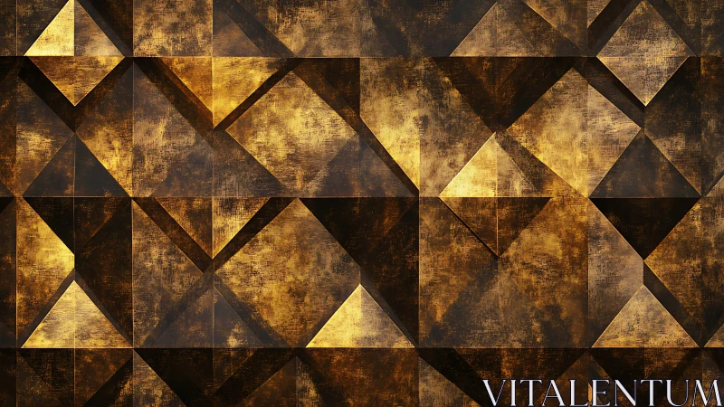 Geometric gold and umber relief grid renders faceted metallic planes