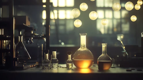 Cinematic laboratory glassware glows under volumetric light