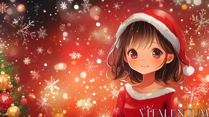 Festive anime girl in red Santa dress with glowing snowflakes