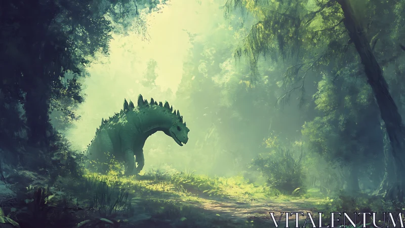 Gentle forest dinosaur pauses in a sunlit green sanctuary.