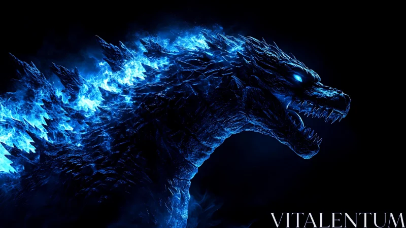 Blue luminescent kaiju roars against deep black void
