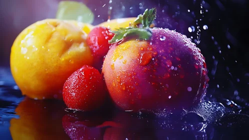 Wet peaches and strawberries under directional studio lighting