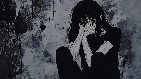 Crying girl in dark monochrome abstract ink background.
