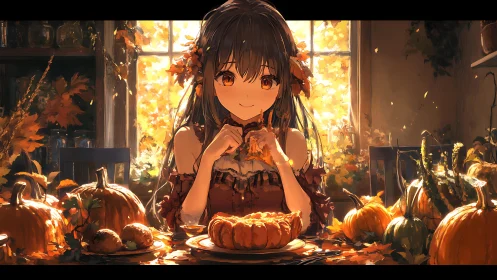 Autumn feast girl glows amid pumpkin-lit afternoon warmth.