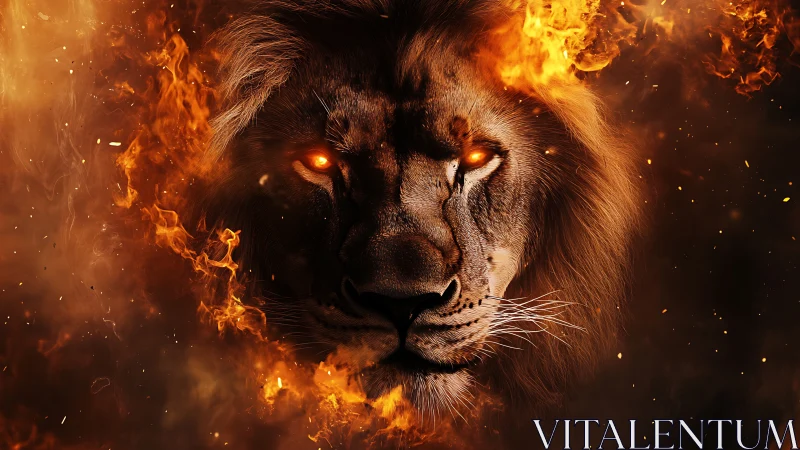 Lion head engulfed in fire with glowing ember eyes.