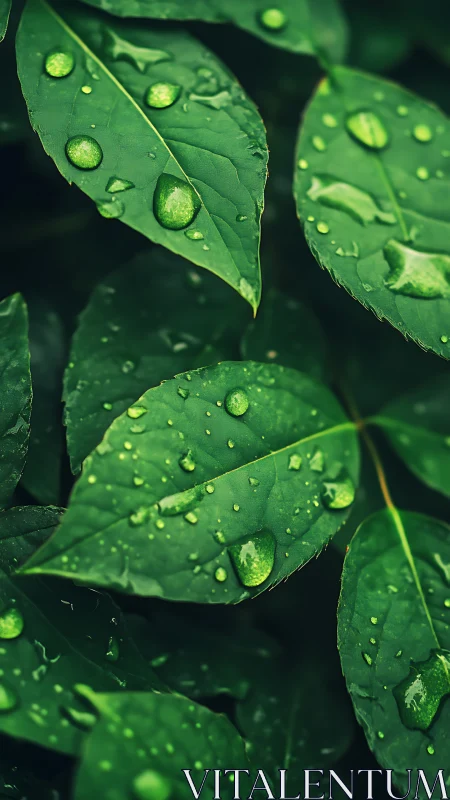 Rain-kissed green leaves display sharp macro surface detail.