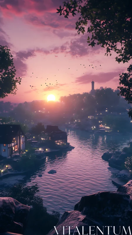 Riverside settlement at sunset under diffuse pink light.