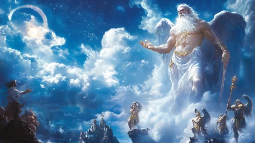 Colossal winged deity towers above warriors in luminous clouds