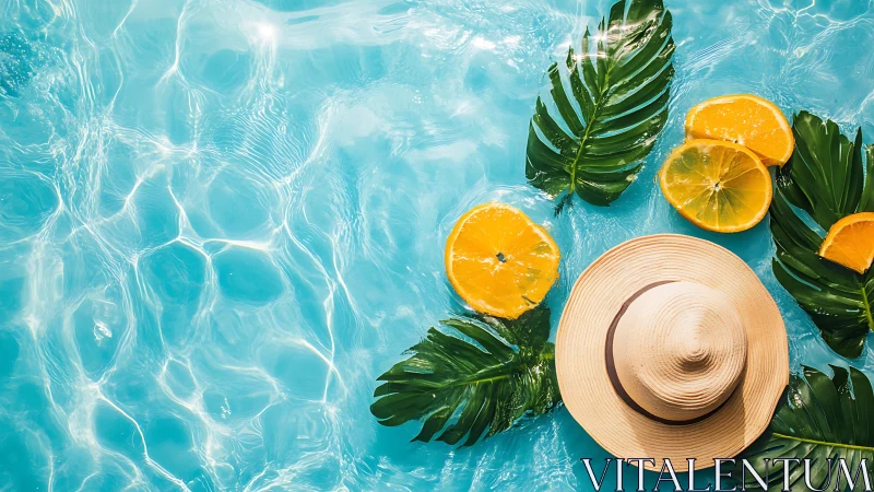 Straw sun hat, citrus slices and monstera leaves in pool water