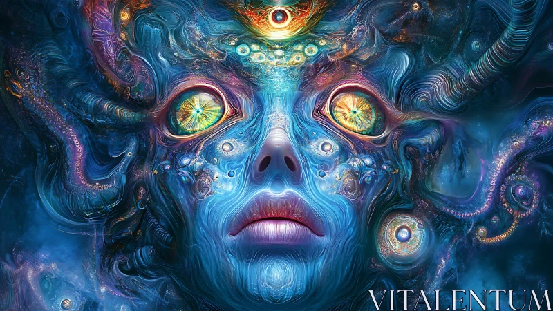 Psychedelic cosmic visage with glowing fractal eyes.