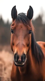 Close frontal portrait of a brown horse outdoors.