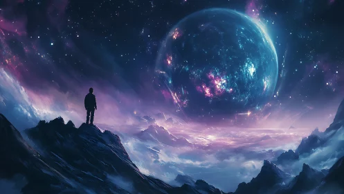 Lone figure studies luminous planet above misty alien range