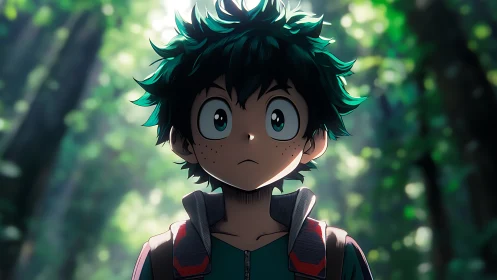 Wide eyed forest explorer boy bathed in gentle sunlight.