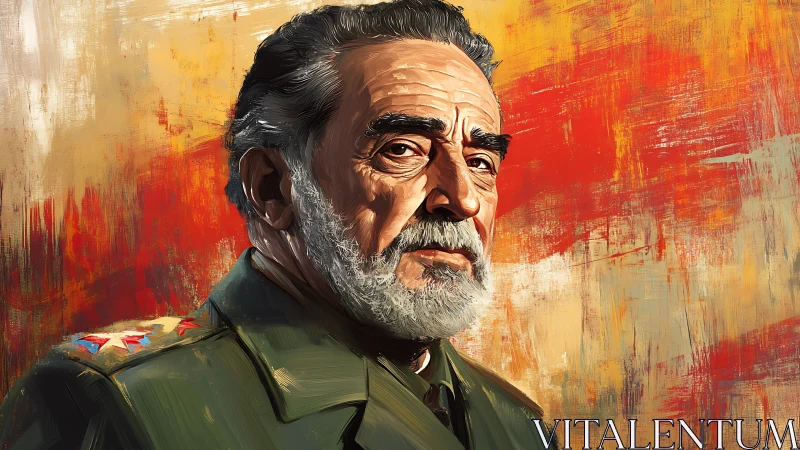 Stoic military commander painted against blazing colors.