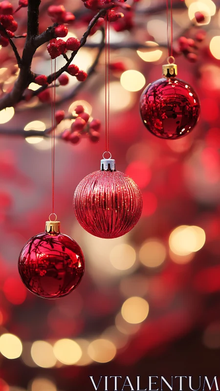 Glistening red baubles on branch with dreamy holiday bokeh.