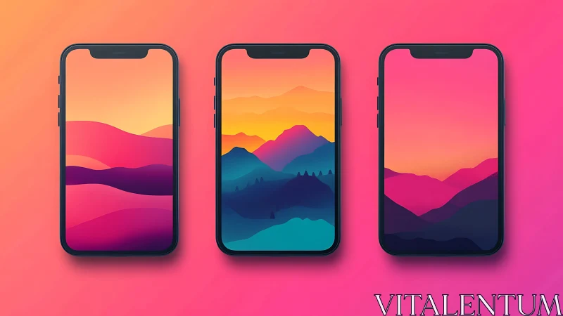 Colorful smartphone screens with gradient landscape art.