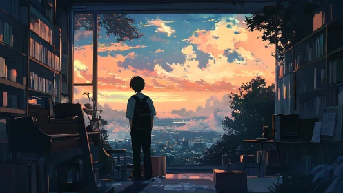 Backlit student silhouette studies a luminous urban sunset