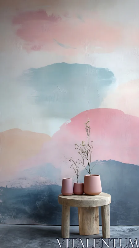 Wooden stool with pink vases before abstract color wall.