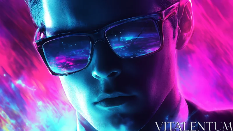 Neon-lit dreamer in reflective sunglasses and cool glow.