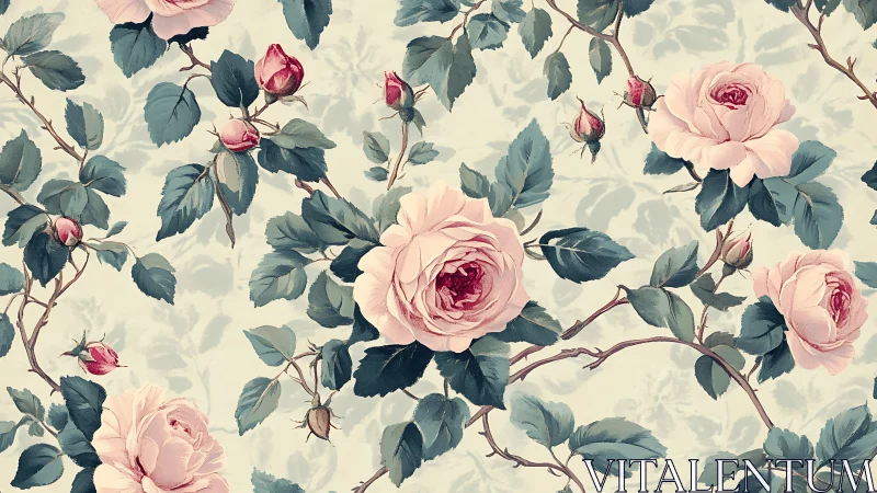 Vintage rose wallpaper pattern with soft pastel foliage.