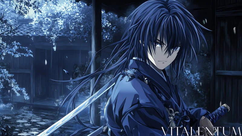 Sword-bearing figure stands in blue-toned courtyard at night