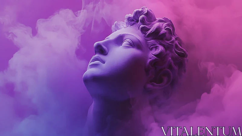 Classical marble head in violet and magenta vapor cloud.