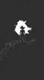 Lone spiky haired warrior stands bold against a bright moon