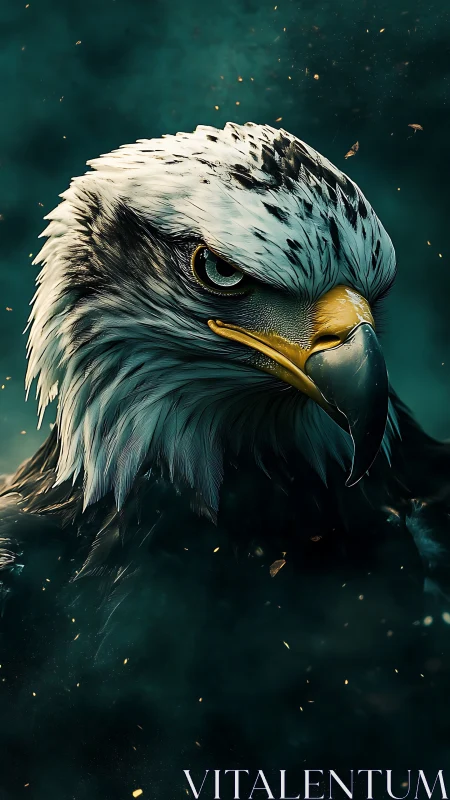 Regal eagle portrait glowing against deep teal mist.