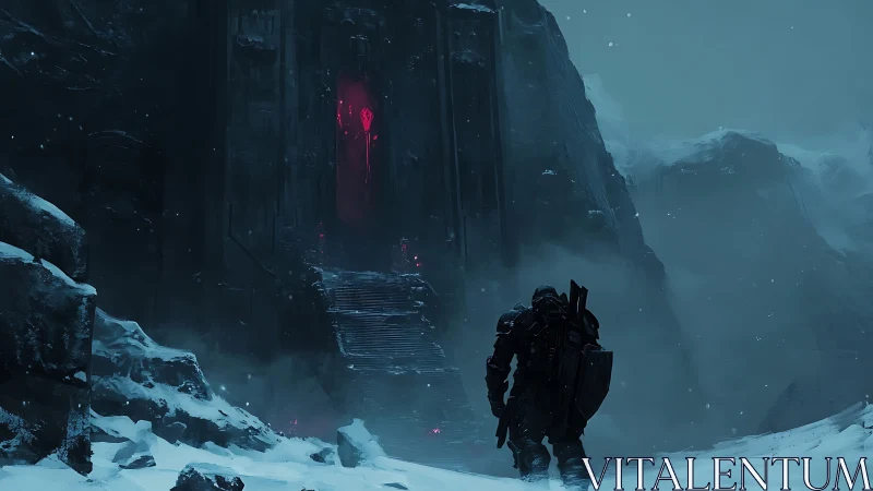 Digital painting of lone armored explorer at ominous icy gate.