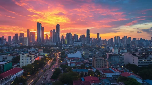 Skyscrapers sip molten sunset light above the restless city